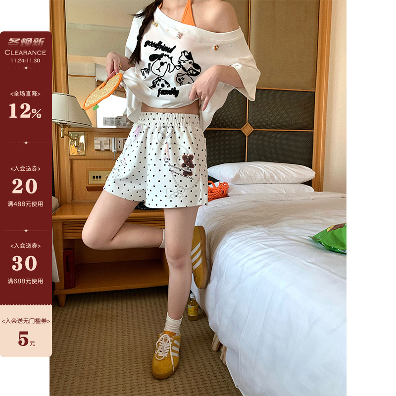 CCKOK 小猫小兔链条印花波点短裤2025夏季新款直筒阔腿五分裤女