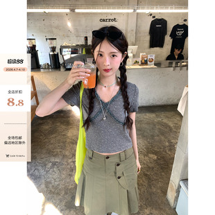 新款 CCKOK 立体花边灰色碎花短袖 2026夏季 复古舒适休闲T恤女 法式