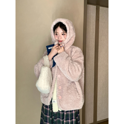 【现货】冬季韩系通勤穿搭 淡粉色毛绒连帽厚实保暖外套上衣女