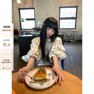 CCKOK 2026夏季 新款 100%棉港风衬衣薄外套女 复古杏绿格纹宽松衬衫