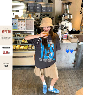 BF深灰色短袖 街头风做旧字母印花宽松T恤夏季 CCKOK 女潮 现货