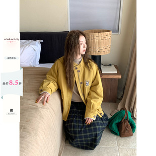 【现货】CCKOK 冬季韩系通勤穿搭粉黄色小狗刺绣100%棉羔毛外套女