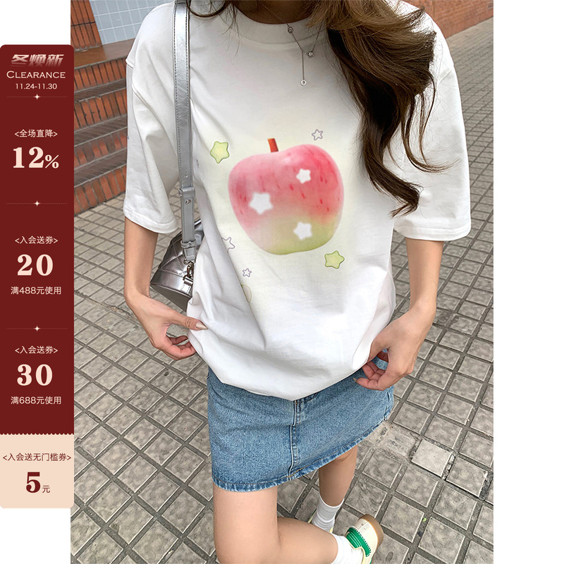 【现货】CCKOK 苹果印花宽松T恤春夏韩版减龄设计宽松休闲短袖女
