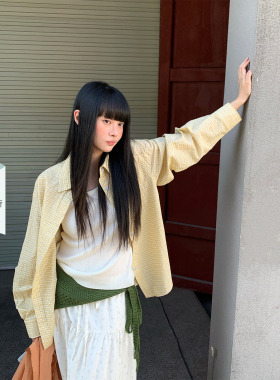 【现货】CCKOK 早春韩系通勤穿搭鹅黄色肌理感格纹宽松长袖衬衫女
