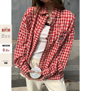 红白格纹丝绒蝴蝶结拼接衬衫 CCKOK 春夏格子衬衣外套女 现货