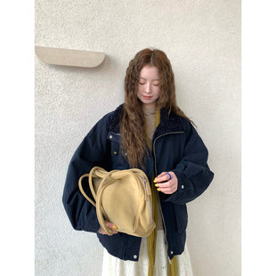 藏蓝色拼羔毛工装 韩系冬季 CCKOK 洗水保暖夹棉外套女 现货