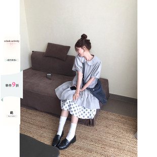 CCKOK 日系宽松娃娃领短袖连衣裙2026夏季新款复古温柔风短裙女