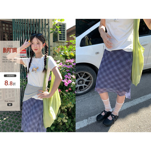 CCKOK 小众包臀设计格子半身裙 透感网纱紫色格纹中裙2026春夏新款