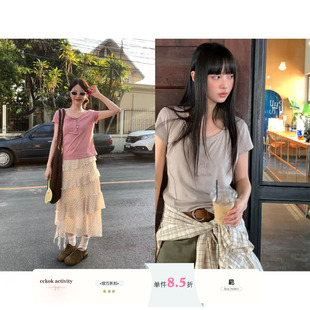 CCKOK松弛慵懒感亚麻纯色大领口短袖2026夏季新款休闲舒适T恤女