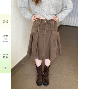 CCKOK 2026新品 秋冬气质百搭韩系洗水立体工装口袋棕色中裙女