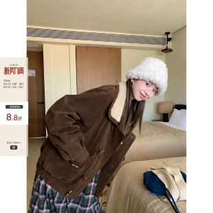 韩系风保暖重工磨砂绒短羔毛领夹棉外套女上衣 CCKOK冬季 现货