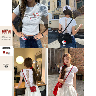 现货 纯欲露脐设计短袖 CCKOK T恤夏季 女 蕾丝拼接字母刺绣修身