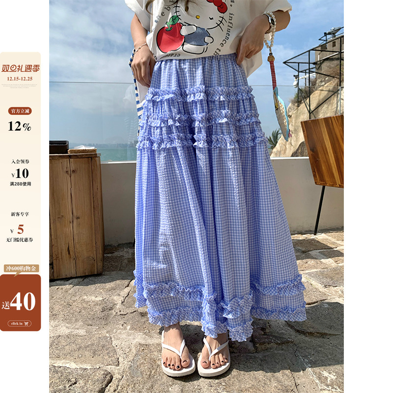 【现货】CCKOK 木耳边细格纹蛋糕伞裙夏季港风格子中长款半身裙女