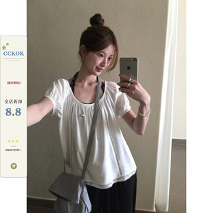 CCKOK 日系拼接蕾丝大领上衣2026夏季新款休闲小众白色短袖T恤女