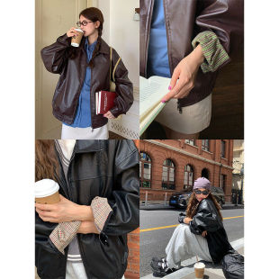 新款 简约复古拼小格纹双拉链皮衣2025秋季 机车夹克外套女 现货