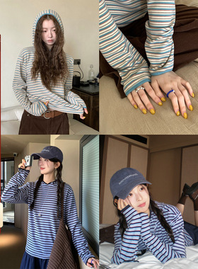 CCKOK韩系穿搭 冬季亲肤柔软德绒拼色条纹连帽万能 百搭打底衫女