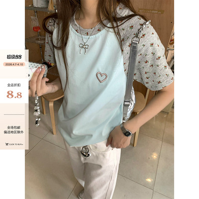 CCKOK 双版本碎花插袖T恤甜美别致减龄套头短袖上衣女夏