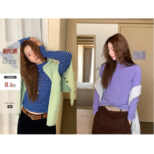 CCKOK秋冬韩系高级感万能内搭气质韩系彩色条纹半高领德绒打底衫