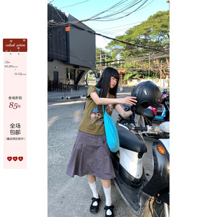 CCKOK纯色洗水工装口袋百褶中裙伞裙夏季甜酷a字半身裙女