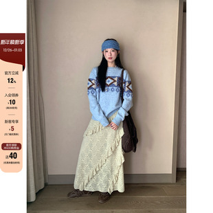 00冬季 韩系通勤穿搭卡其色短绒蕾丝荷叶边蛋糕长裙 1220 CCKOK