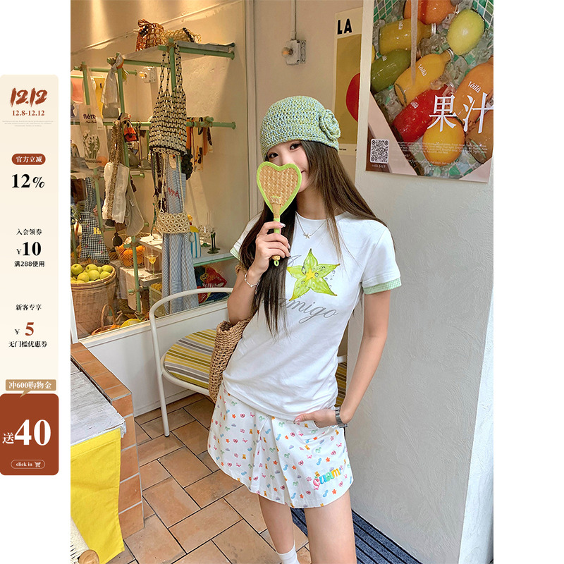 【现货】CCKOK杨桃印花拼格纹袖子正肩T恤夏季修身纯欲设计短袖女