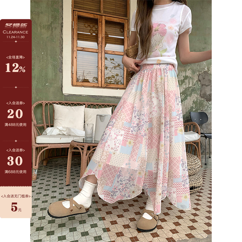 【现货】CCKOK 拼接图案不规则裙摆雪纺半身裙夏季初恋少女中长裙