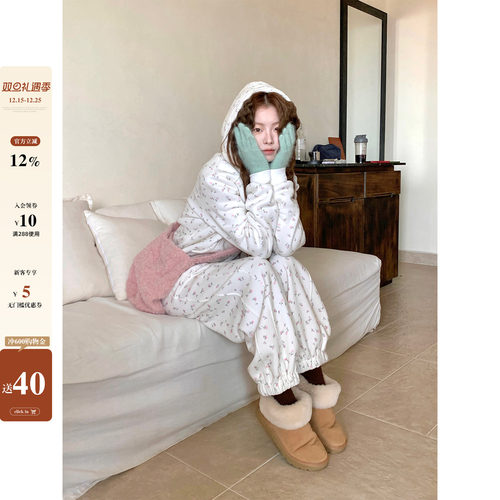 CCKOK冬季韩系穿搭保暖宽松 淡淡碎花加绒卫衣休闲两件套装女