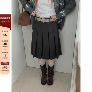 复古学院港风减龄西装 新款 半身裙 纯色毛呢百褶中裙2025秋季 CCKOK