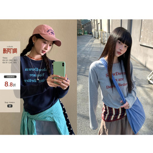 CCKOK2026早春韩系通勤穿搭 T恤女 磨毛撞色字母印花正肩内搭长袖