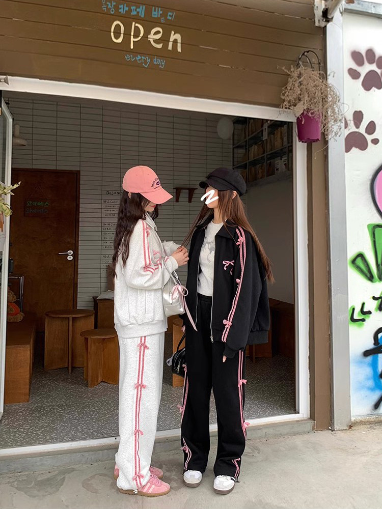 CCKOK 벨벳 보우 스웨트 자켓 투피스 슈트 2024 대학 스타일 캐주얼 스포츠 스커트 여성 봄
