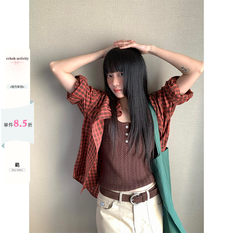 CCKOK 复古砖红色格纹前短后长宽松衬衫2026夏季新款港风外套女
