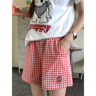 格纹阔腿沙滩裤 2024夏季 小熊刺绣标格子休闲短裤 女ins 现货