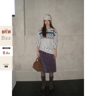 CCKOK 秋冬韩系少女风通勤保暖内搭爱心方格费尔岛提花圆领毛衣女