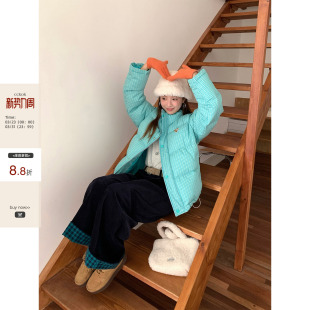 CCKOK秋冬韩国气质通勤时尚 薄荷蓝绿小格纹手塞棉保暖棉服外套女