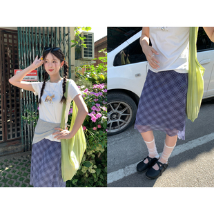 【现货】CCKOK 透感网纱紫色格纹中裙春夏小众包臀设计格子半身裙