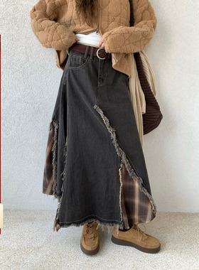 CCKOK 冬季韩系通勤风穿搭重工洗水流苏拼磨毛格纹半身牛仔长裙女