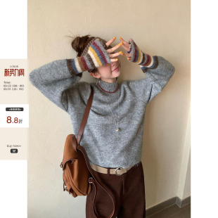 半高领马海毛针织毛衣女 CCKOK秋冬韩系高级感拼色条纹袖 现货