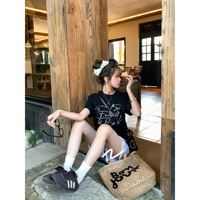 CCKOK 烫钻爱心字母宽松T恤夏季气质休闲设计小众短袖女