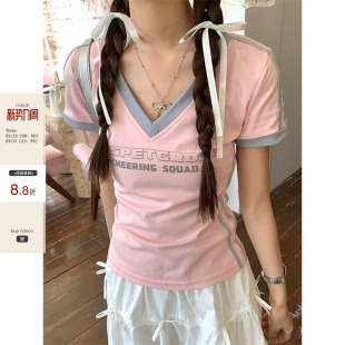 运动风V领拼色修身 CCKOK T恤夏季 字母短款 女 显瘦球衣短袖 现货