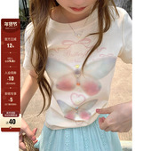梦幻蝴蝶印花立体修身 正肩T恤2025夏季 新款 CCKOK 盐系少女短袖 女
