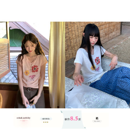 CCKOK 彩色花朵V领雪花棉短袖2026夏季新款宽松舒适设计休闲T恤女