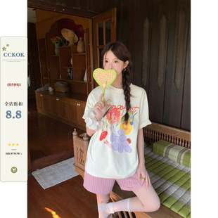 CCKOK水果印花宽松短袖2026夏季新款棉休闲舒适小众设计T恤女