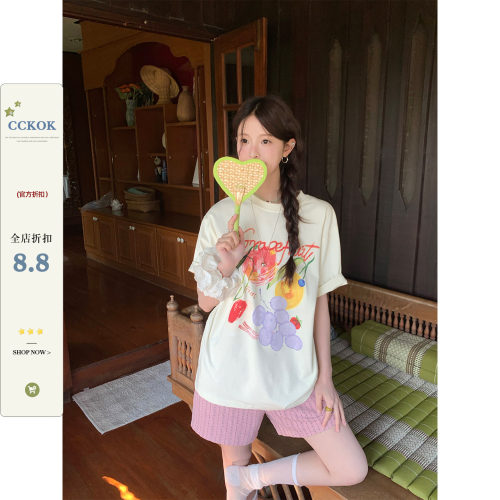 CCKOK水果印花100%棉宽松短袖T恤