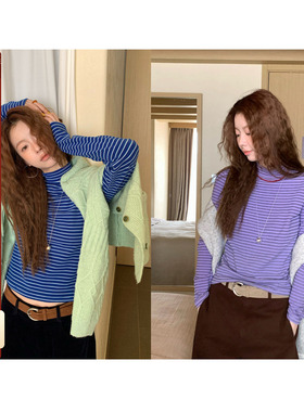 CCKOK秋冬韩系高级感万能内搭气质韩系彩色条纹半高领德绒打底衫