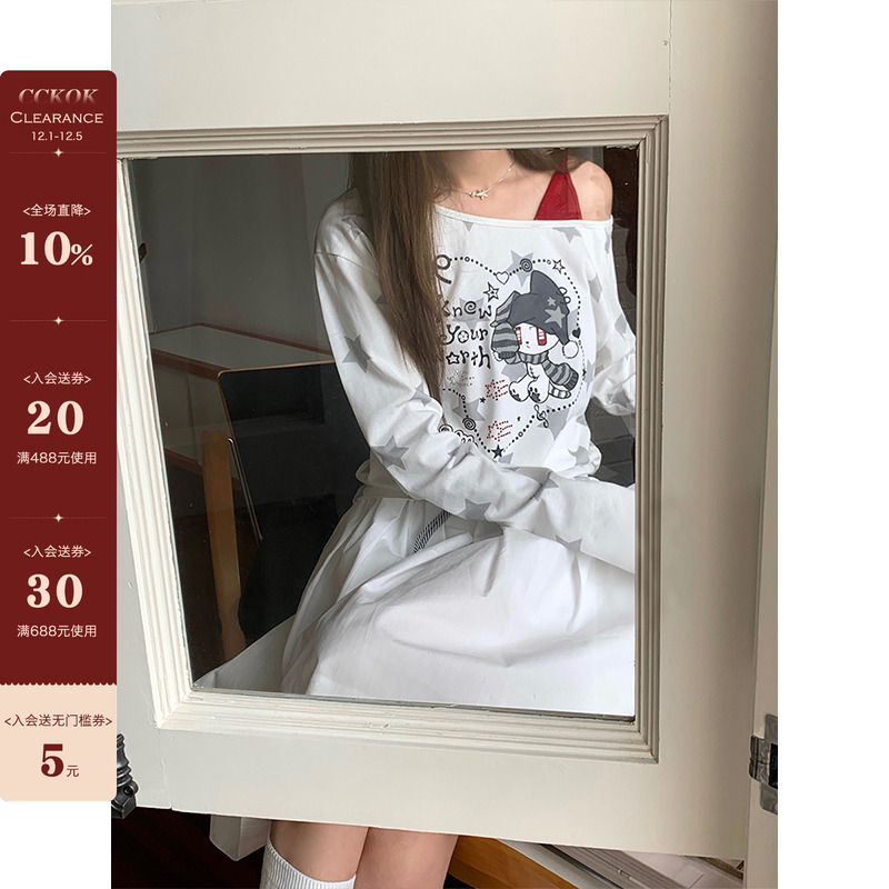 满印星星印花假两件长袖漏斜肩