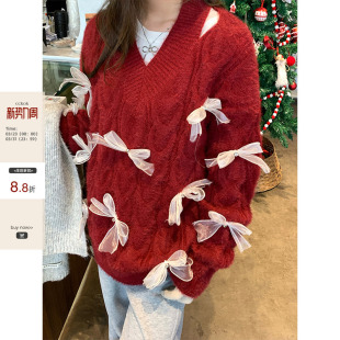 韩系V领套头针织衫 CCKOK欧根纱蝴蝶结麻花毛衣冬季 女外穿 现货