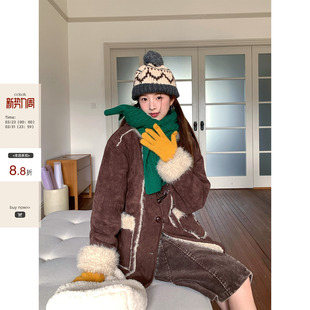 韩系穿搭气质通勤深棕色皮毛一体中长款 季 CCKOK 连帽外套 现货