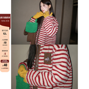 CCKOK 冬季韩系通勤复古红卡其条纹羔毛宽松休闲棒球服外套女上衣