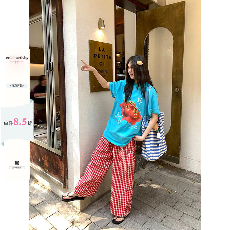 CCKOK 西红柿印花宽松湖蓝色T恤2026夏季新款美式宽松显瘦短袖女