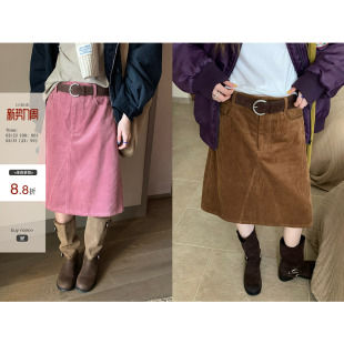 休闲 韩系通勤穿搭 冬季 复古纯色灯芯绒半身中裙女百搭 现货